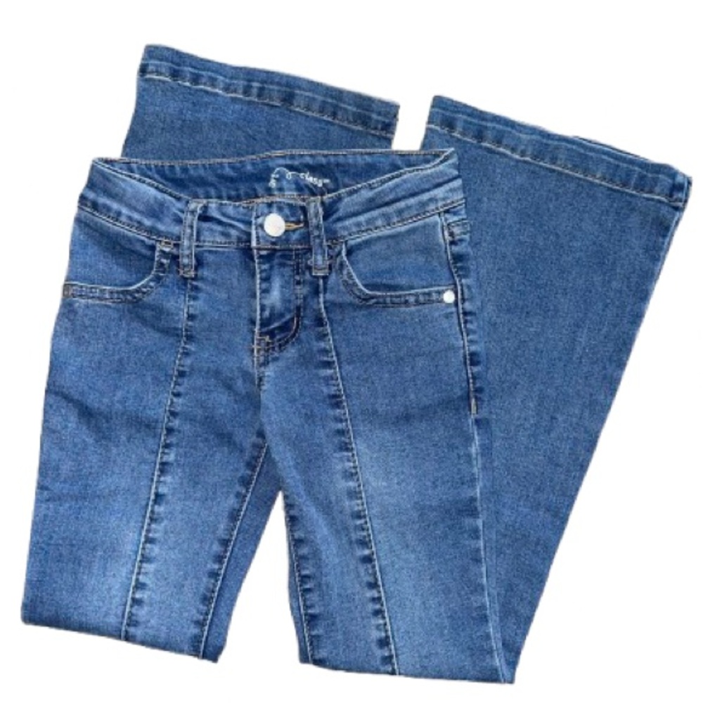 Classic Blue Flare Denim Jeans with Contrast Stitching
